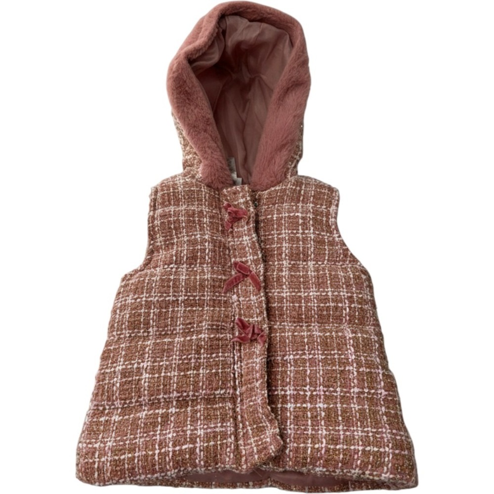 Nicole Miller New York Puffer Vest Toddler Girls 3T Pink Tweed Faux Fur Hood